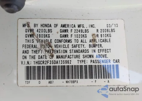 2013 Honda Accord Lx from USA, damaged, VIN 1HGCR2F35DA135962